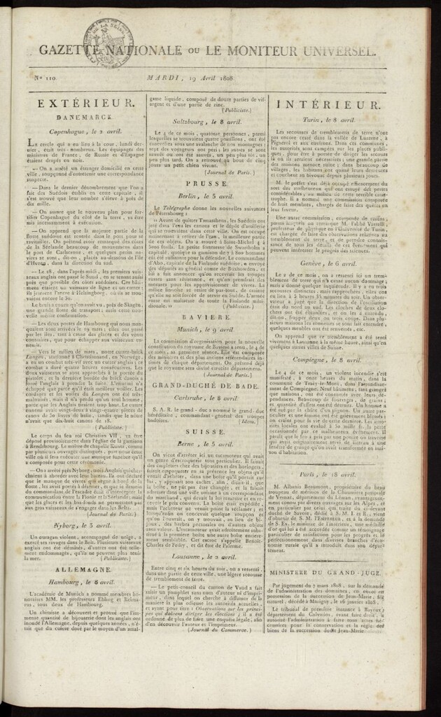 Miniatura de Gazette Nationale ou le Moniteur Universel del 19 de abril de 1808, nº 110