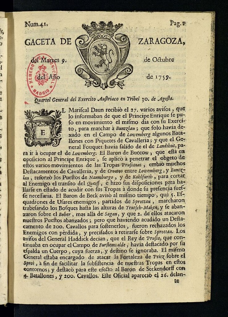 Miniatura de Gazeta de Zaragoza del 9 de octubre de 1759