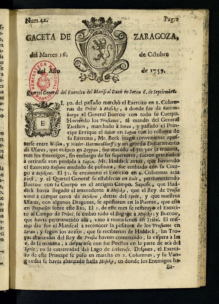 Miniatura de Gazeta de Zaragoza del 16 de octubre de 1759