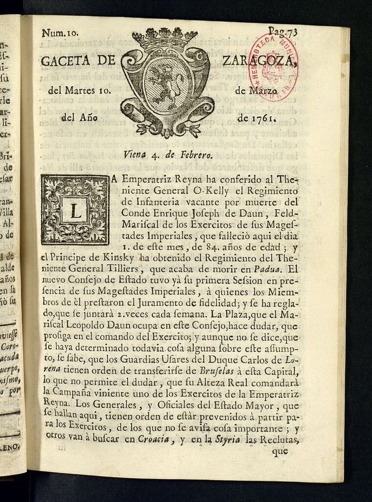 Miniatura de Gazeta de Zaragoza del 10 de marzo de 1761