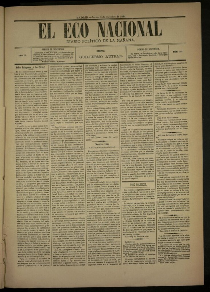 Miniatura de El Eco Nacional de 2 de octubre de 1884, nº 792