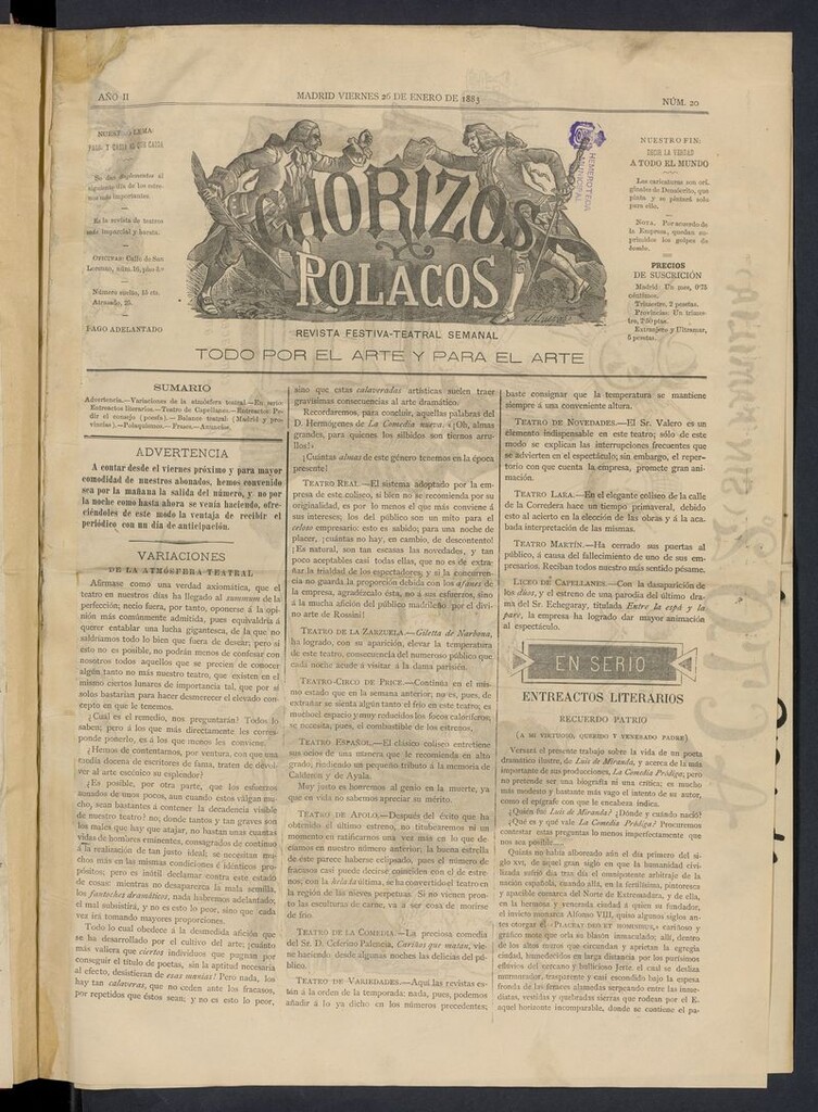 Miniatura de Chorizos y Polacos: revista festiva-teatral del 26 de enero de 1883