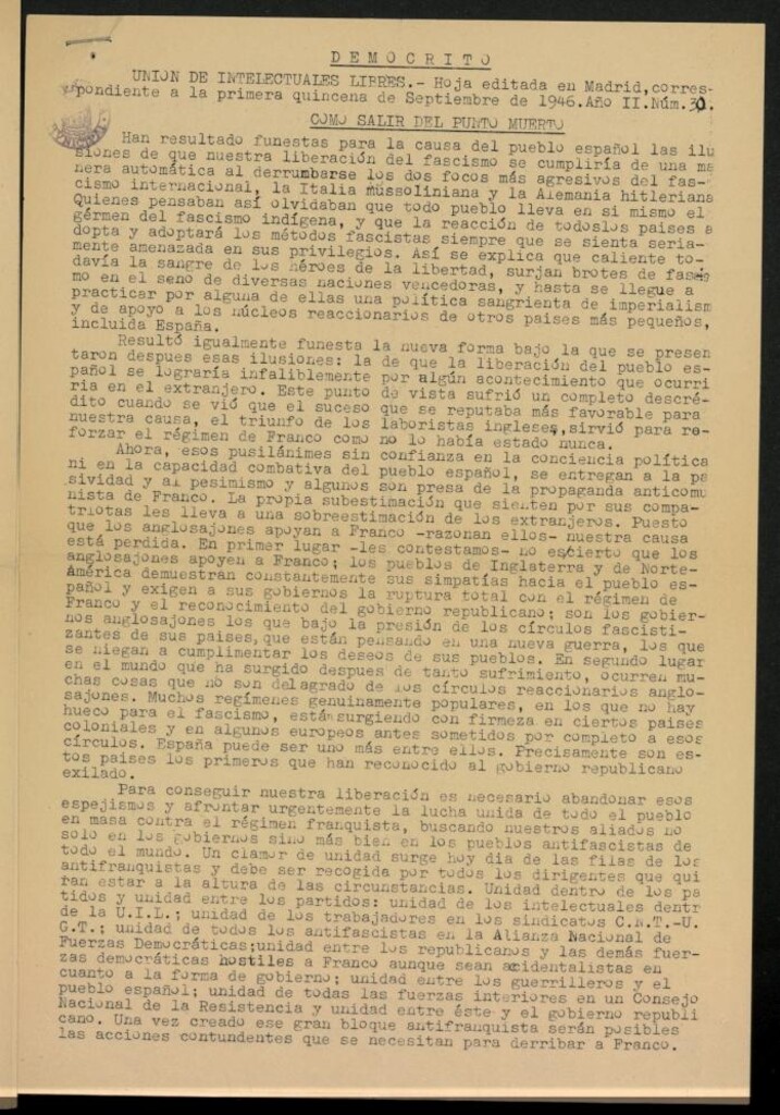 Miniatura de Demócrito / Unión de Intelectuales Libres de la primera quincena de Septiembre de 1946, nº 30.
