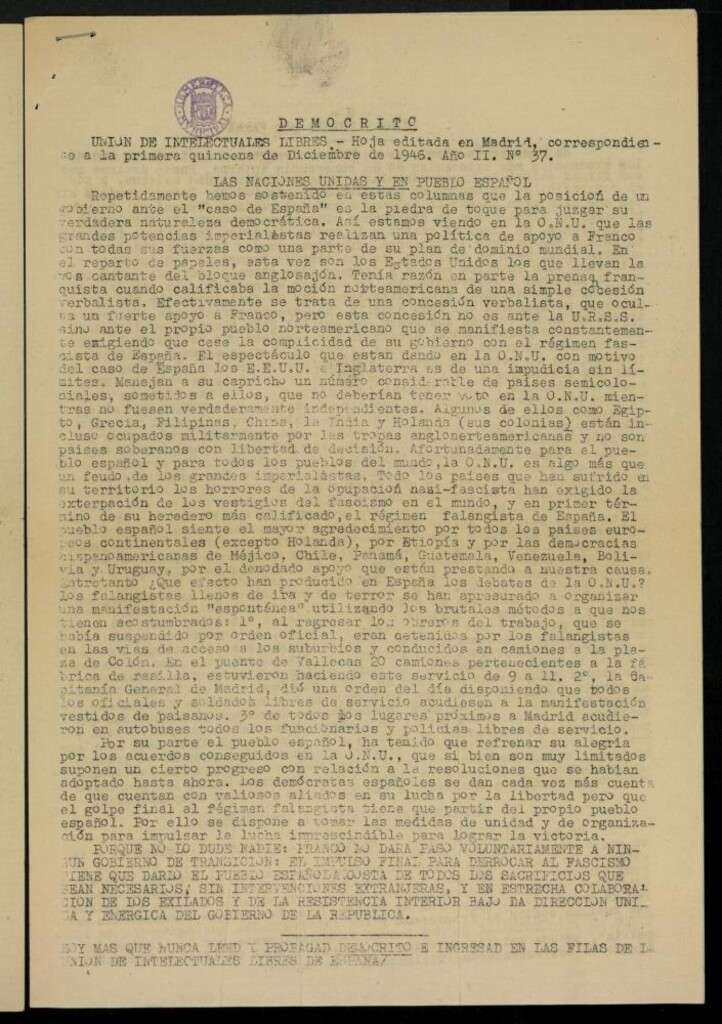 Miniatura de Demócrito / Unión de Intelectuales Libres de la primera quincena de Diciembre de 1946, nº 37.
