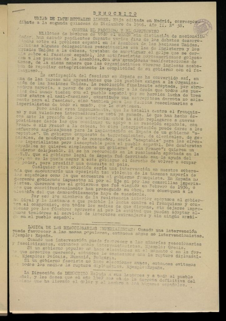 Miniatura de Demócrito / Unión de Intelectuales Libres de la segunda quincena de Diciembre de 1946, nº 38.