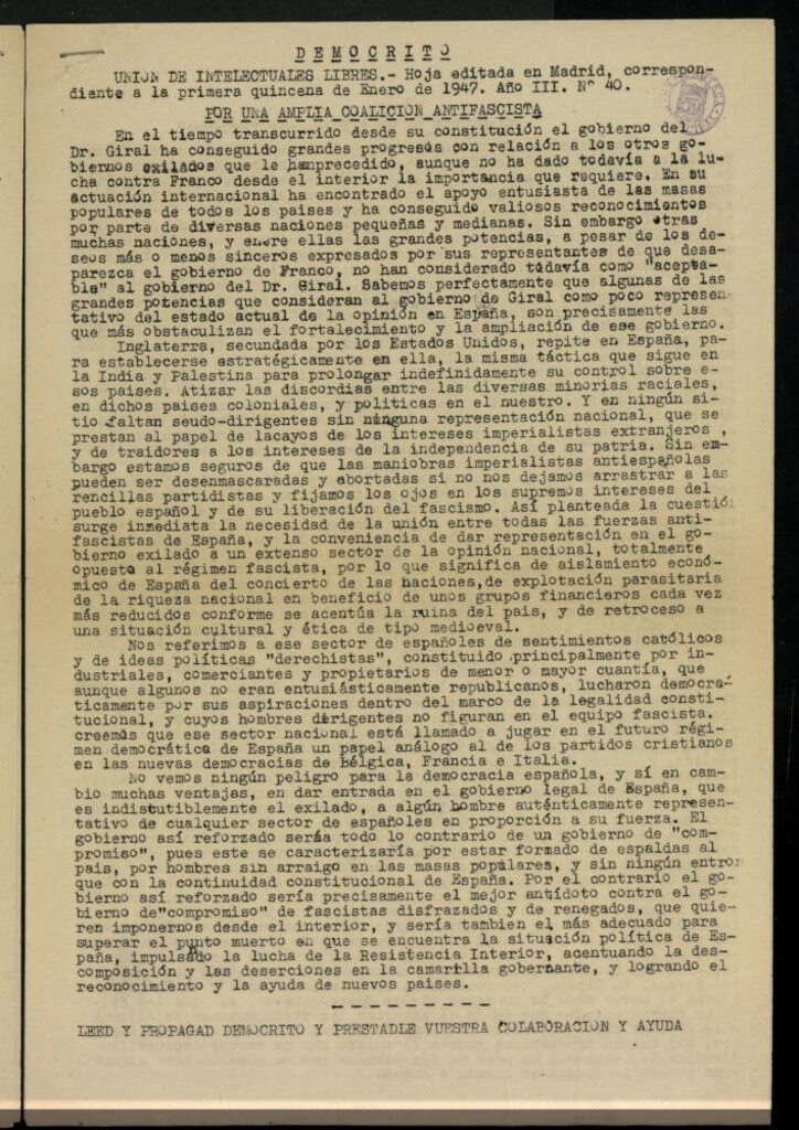 Miniatura de Demócrito / Unión de Intelectuales Libres de la primera quincena de Enero de 1947, nº 40