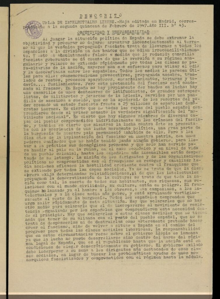 Miniatura de Demócrito / Unión de Intelectuales Libres de la segunda quincena de Febrero de 1947, nº 43.