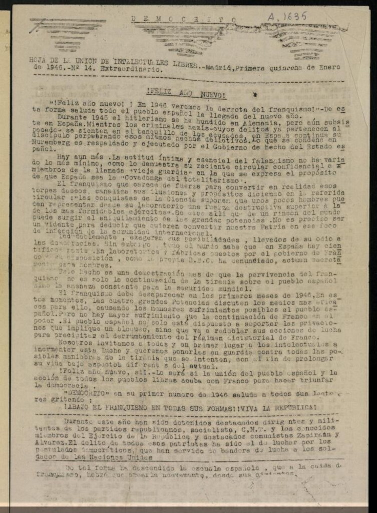 Miniatura de Demócrito / Unión de Intelectuales Libres de la primera quincena de Enero 1946, nº 14.