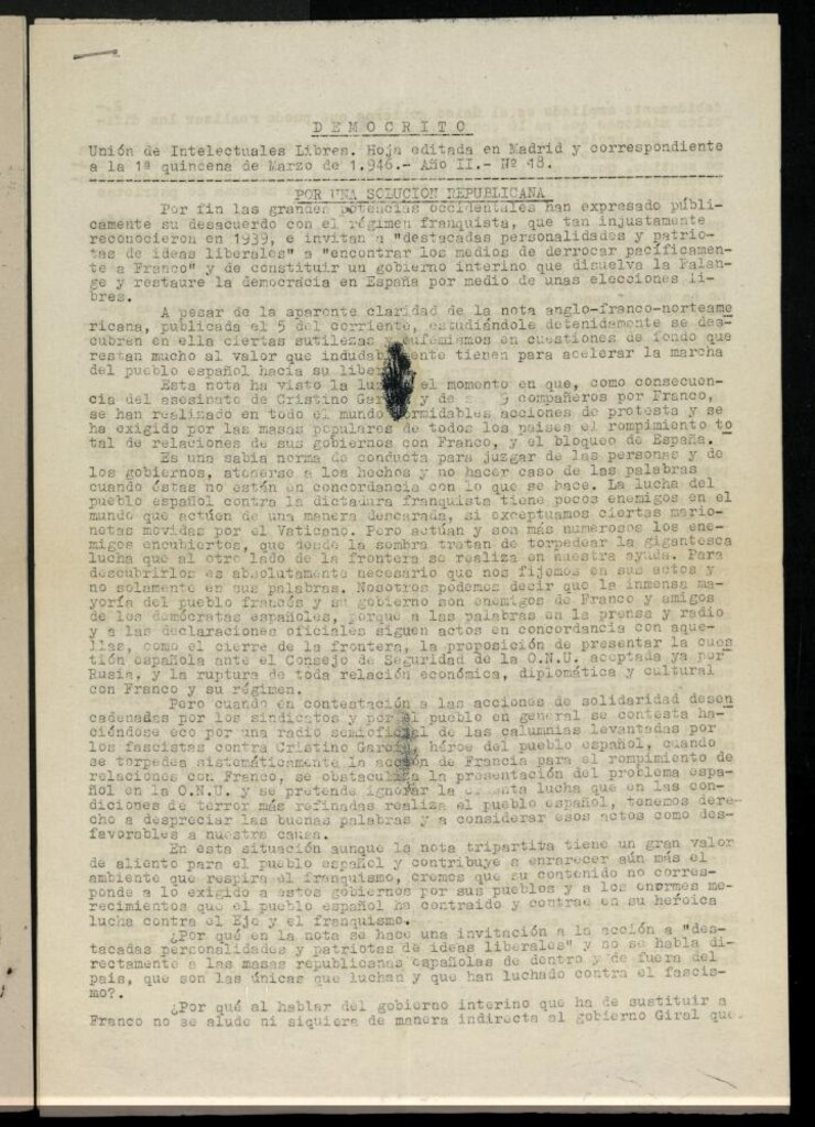 Miniatura de Demócrito / Unión de Intelectuales Libres de la primera quincena de Marzo de 1946, nº 18.