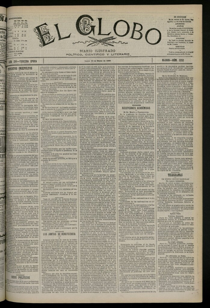 Miniatura de El Globo : diario ilustrado del 24 de marzo de 1890, nº 5252