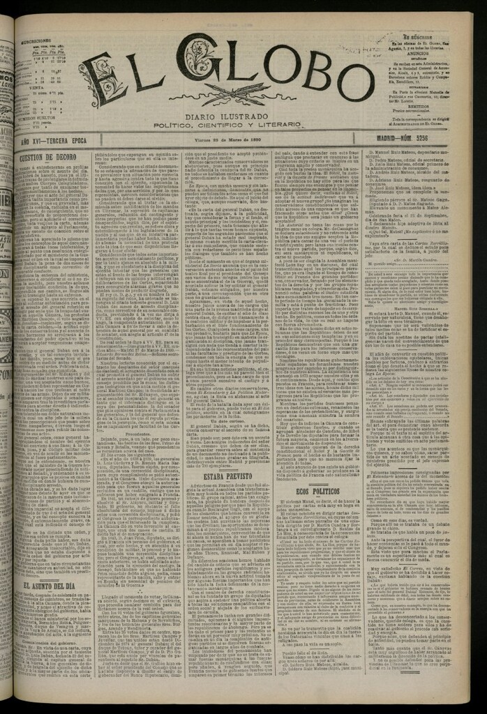 Miniatura de El Globo : diario ilustrado del 28 de marzo de 1890, nº 5256