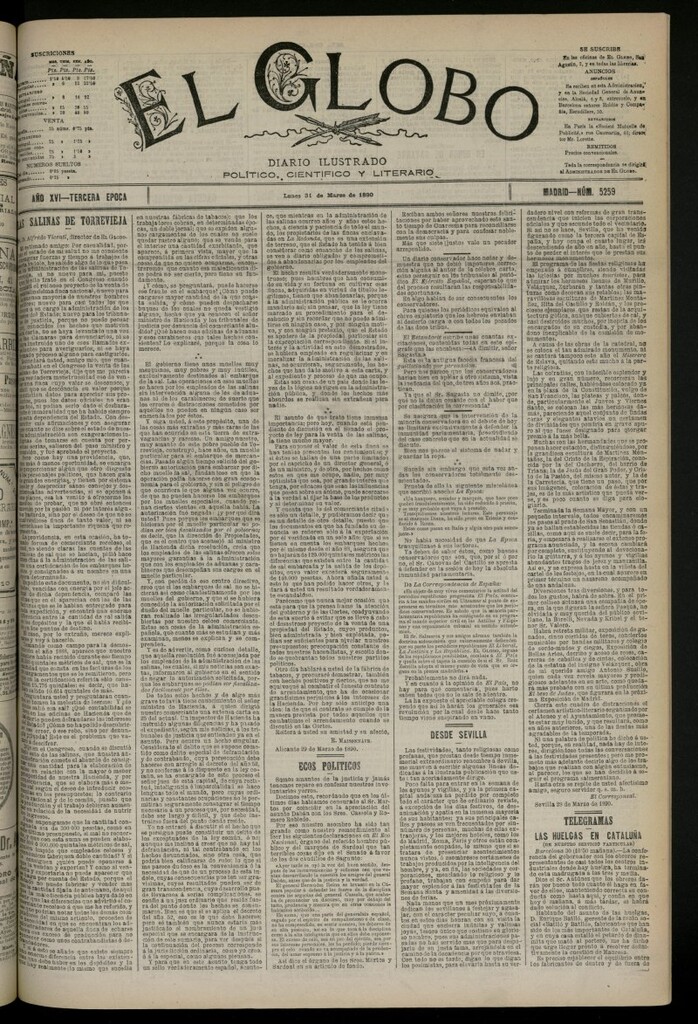 Miniatura de El Globo : diario ilustrado del 31 de marzo de 1890, nº 5259