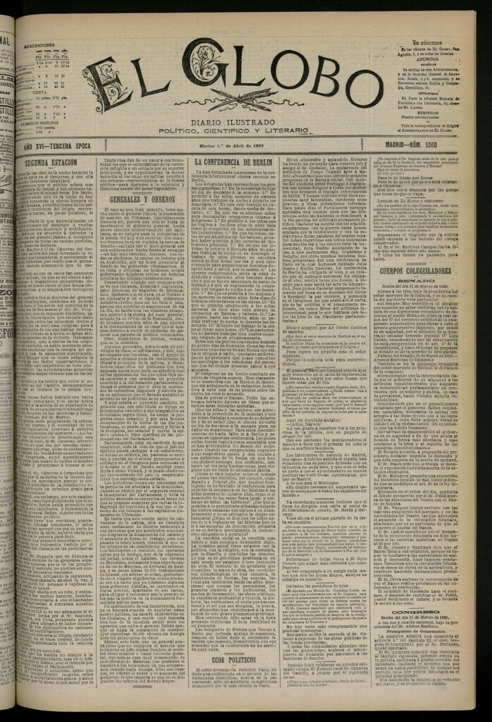 Miniatura de El Globo : diario ilustrado del 1 de abril de 1890, nº 5260