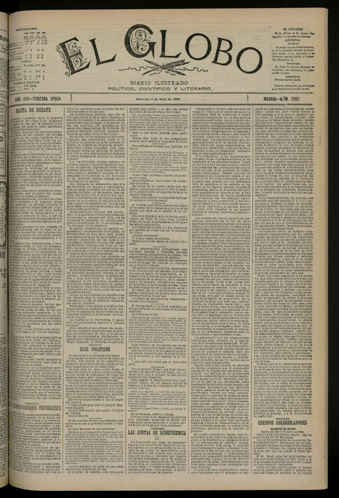 Miniatura de El Globo : diario ilustrado del 9 de abril de 1890, nº 5268