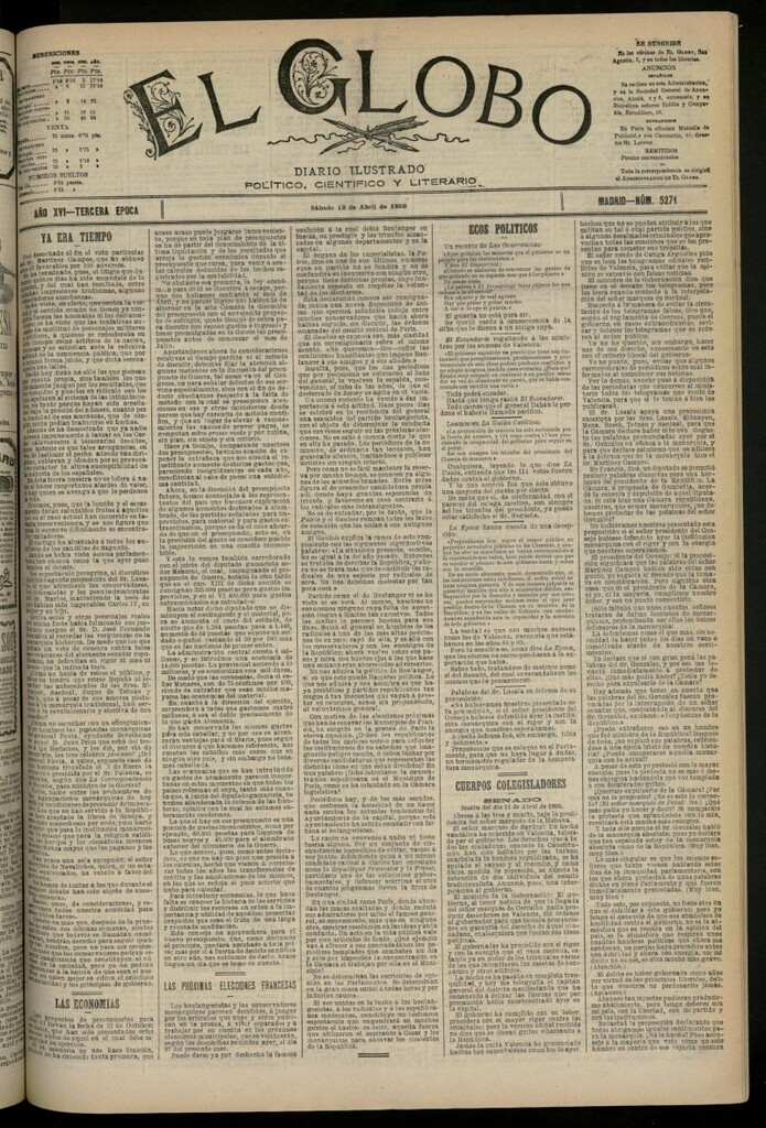 Miniatura de El Globo : diario ilustrado del 12 de abril de 1890, nº 5271