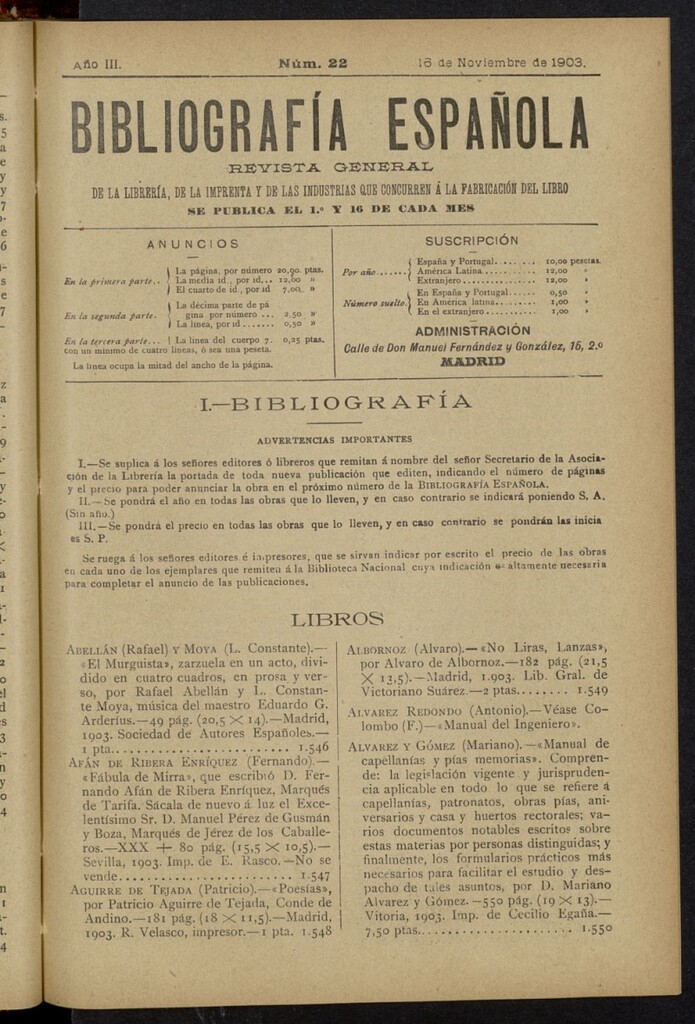 Miniatura de Bibliografía Española del 16 de noviembre de 1903