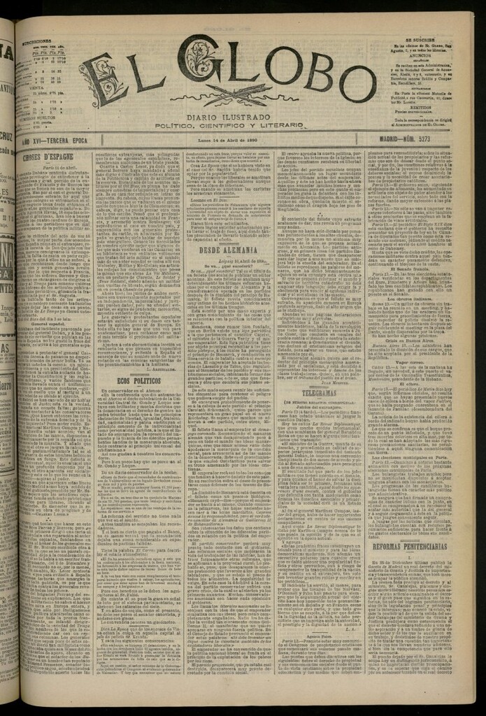 Miniatura de El Globo : diario ilustrado del 14 de abril de 1890, nº 5273