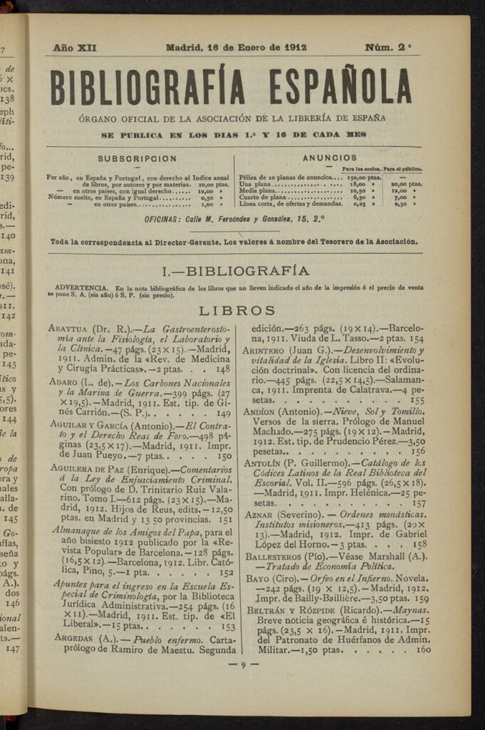 Miniatura de Bibliografía Española del 16 de enero de 1912