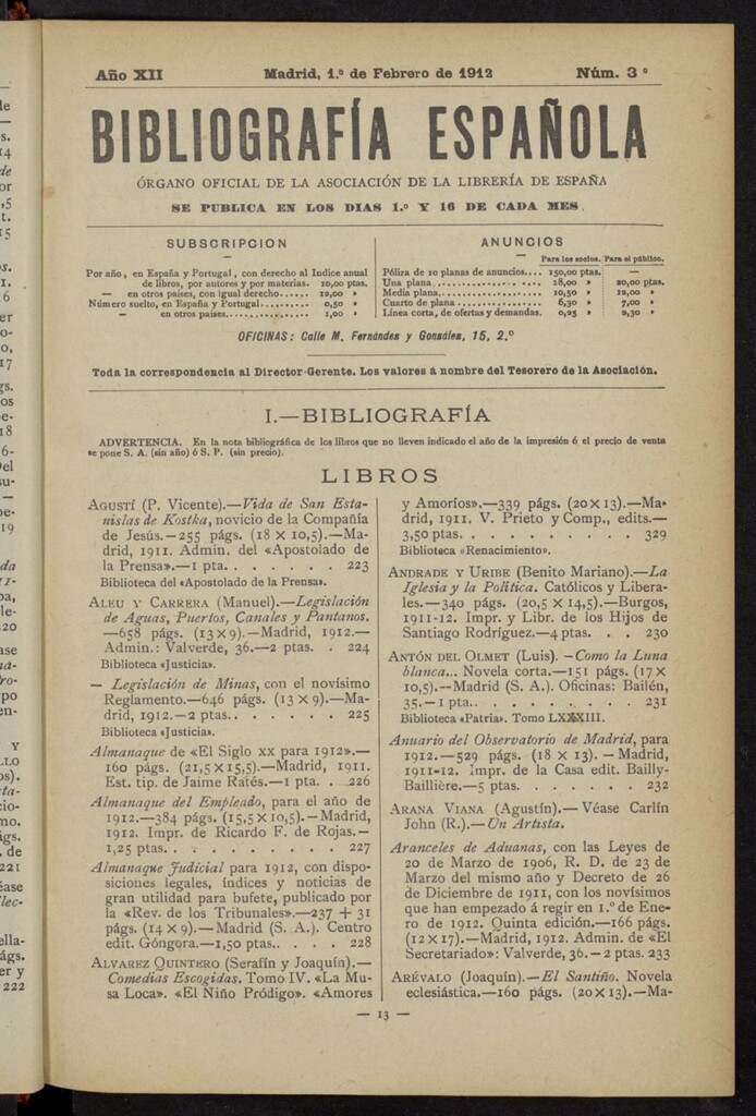 Miniatura de Bibliografía Española del 1 de febrero de 1912
