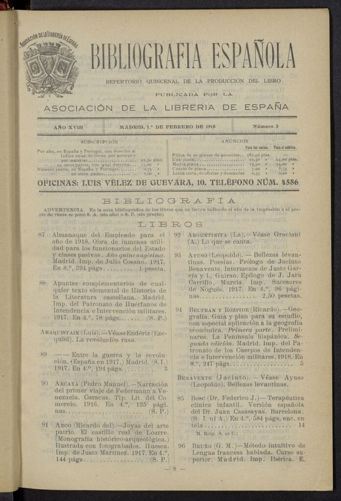 Miniatura de Bibliografía Española del 1 de febrero de 1918