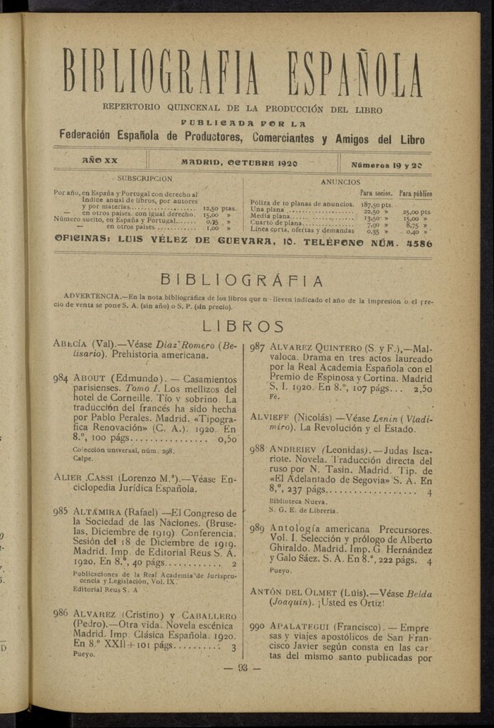 Miniatura de Bibliografía Española de octubre de 1920
