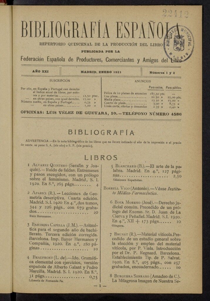 Miniatura de Bibliografía Española de enero de 1921