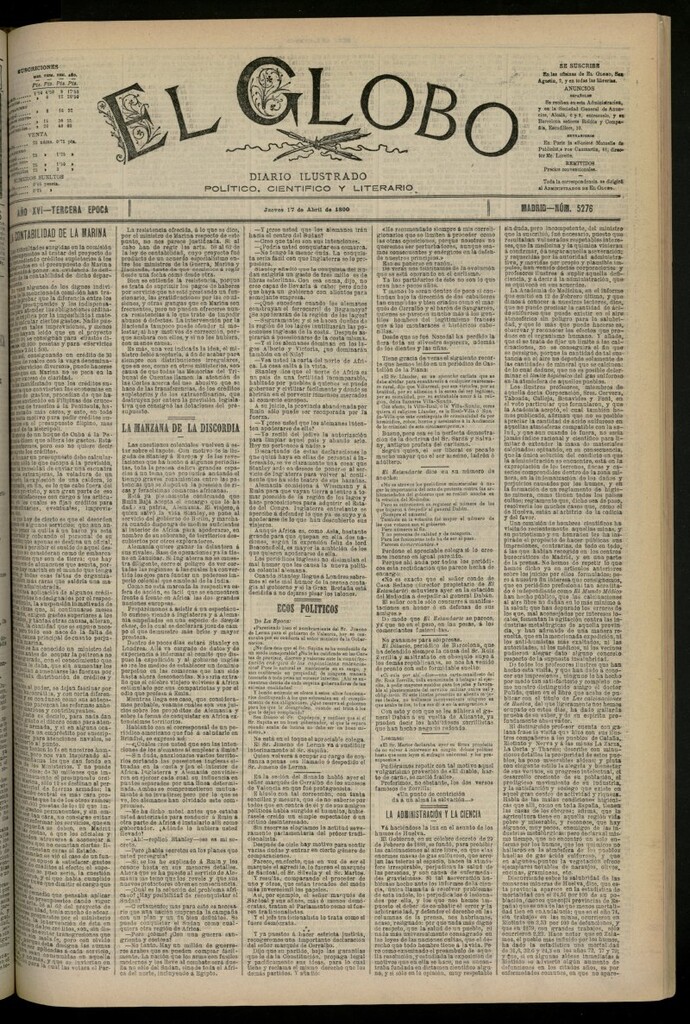 Miniatura de El Globo : diario ilustrado del 17 de abril de 1890, nº 5276