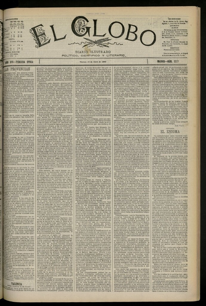 Miniatura de El Globo : diario ilustrado del 18 de abril de 1890, nº 5277