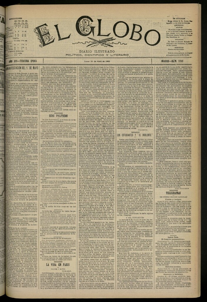 Miniatura de El Globo : diario ilustrado del 21 de abril de 1890, nº 5280