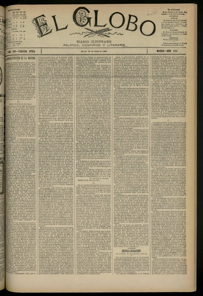 Miniatura de El Globo : diario ilustrado del 22 de abril de 1890, nº 5281
