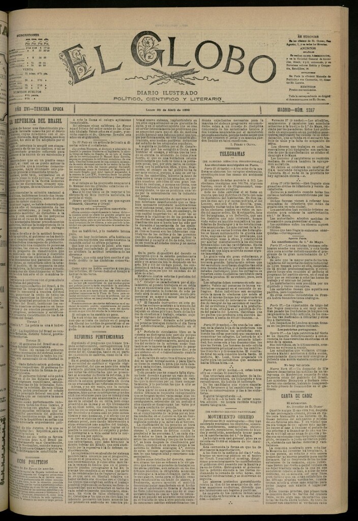 Miniatura de El Globo : diario ilustrado del 28 de abril de 1890, nº 5287