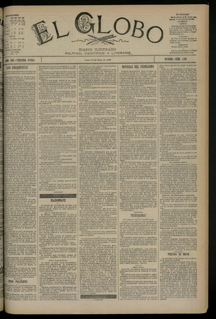 Miniatura de El Globo : diario ilustrado del 12 de mayo de 1890, nº 5301