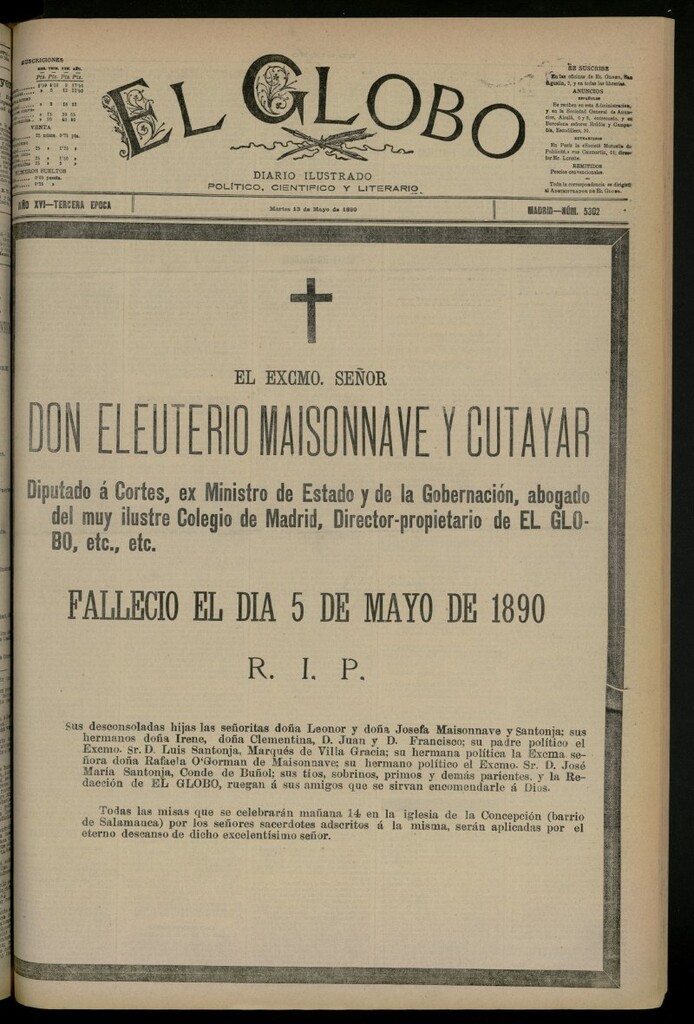 Miniatura de El Globo : diario ilustrado del 13 de mayo de 1890, nº 5302
