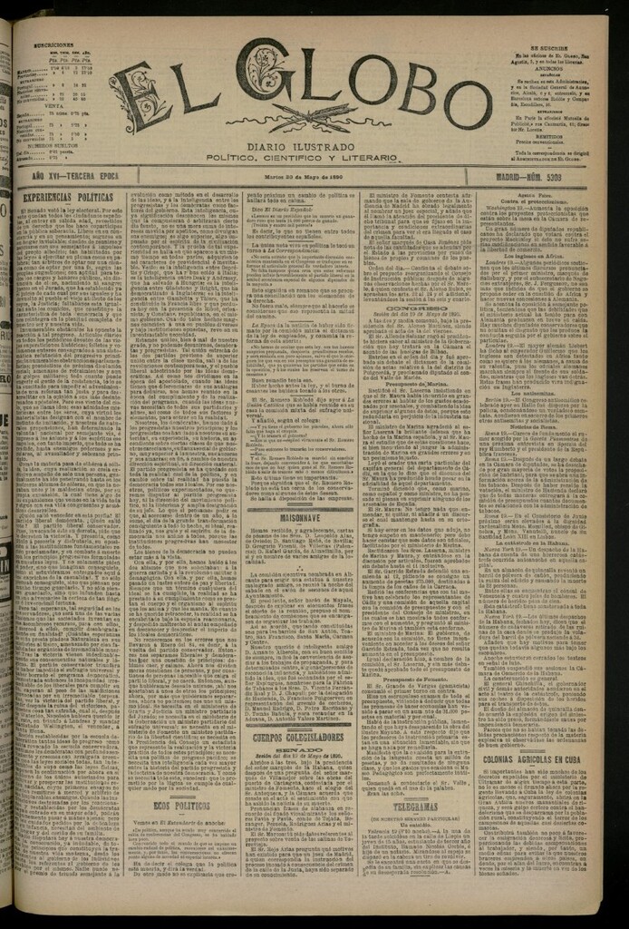 Miniatura de El Globo : diario ilustrado del 20 de mayo de 1890, nº 5308