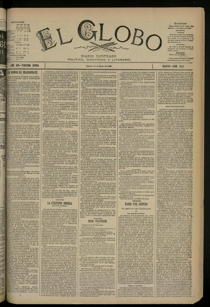Miniatura de El Globo : diario ilustrado del 24 de mayo de 1890, nº 5312