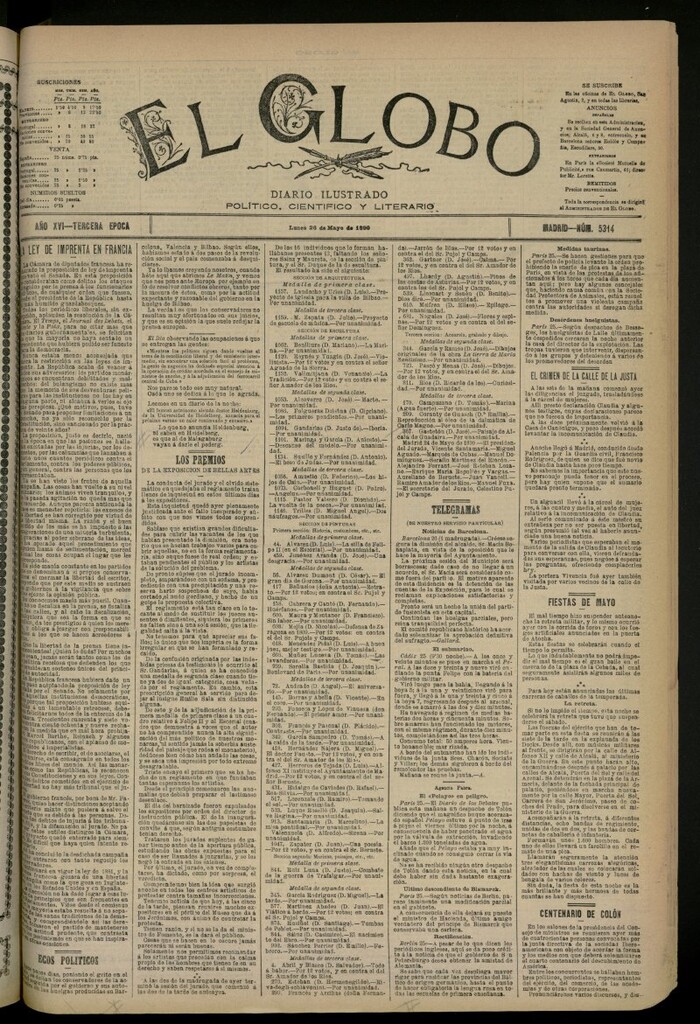 Miniatura de El Globo : diario ilustrado del 26 de mayo de 1890, nº 5314