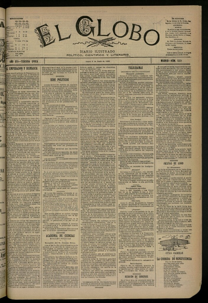 Miniatura de El Globo : diario ilustrado del 9 de junio de 1890, nº 5331