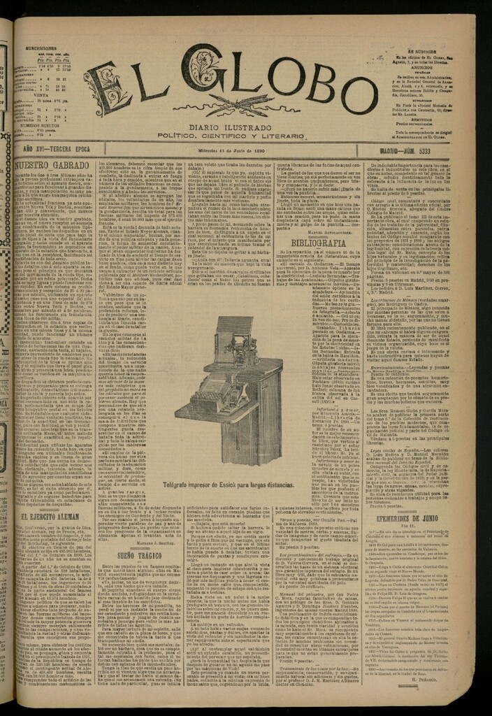 Miniatura de El Globo : diario ilustrado del 11 de junio de 1890, nº 5333