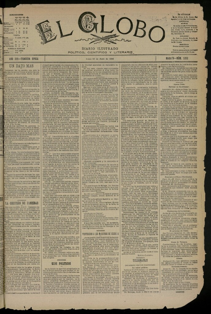 Miniatura de El Globo : diario ilustrado del 30 de junio de 1890, nº 5352