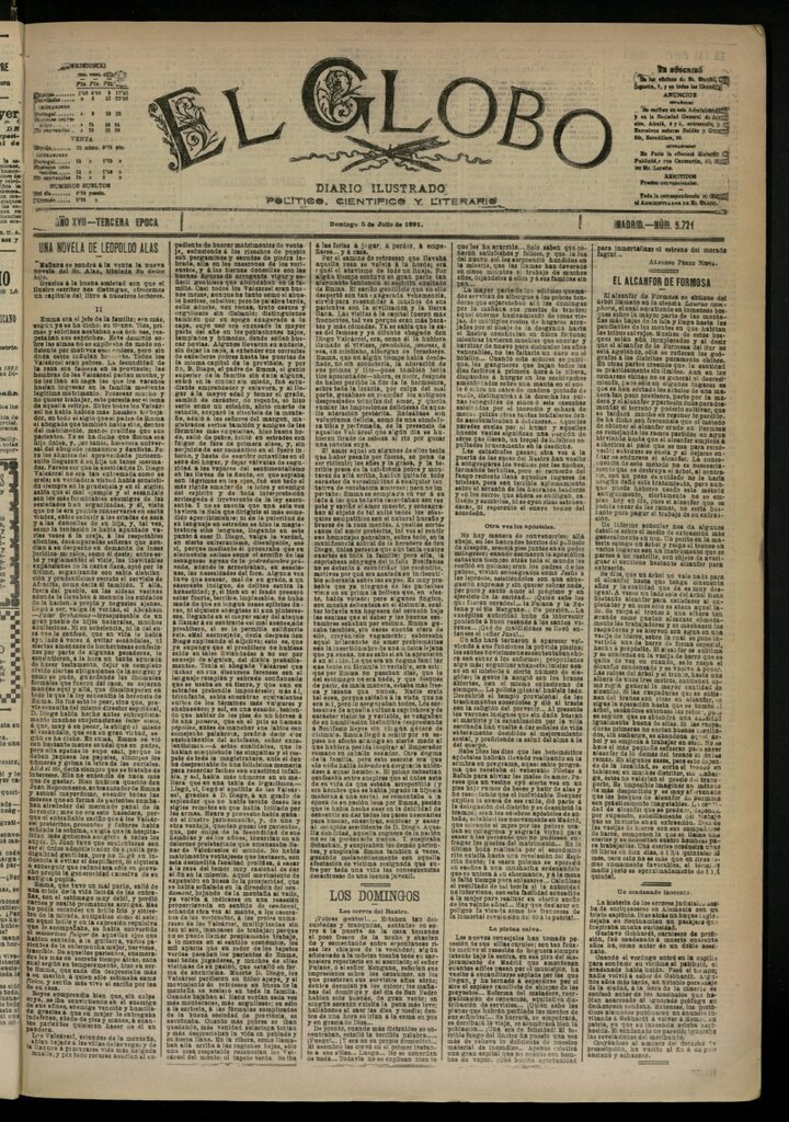 Miniatura de El Globo : diario ilustrado del 5 de julio de 1891, nº 5721