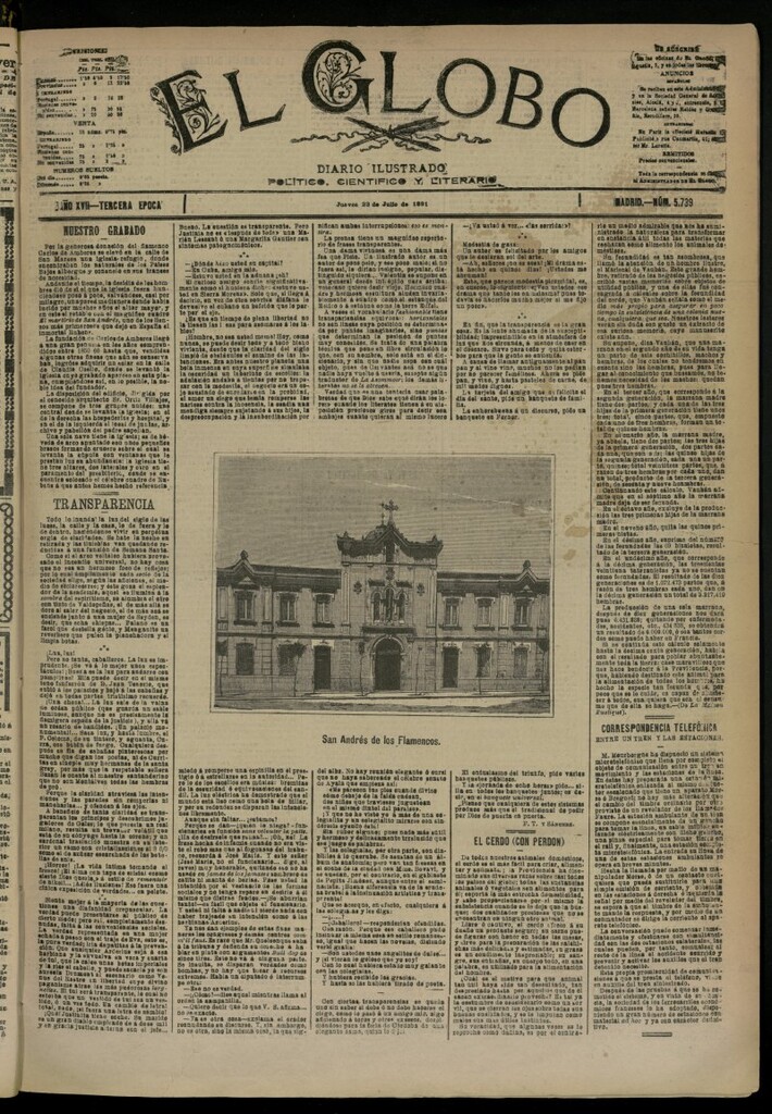 Miniatura de El Globo : diario ilustrado del 23 de julio de 1891, nº 5739