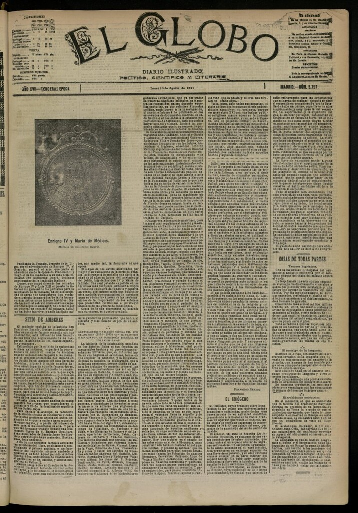 Miniatura de El Globo : diario ilustrado del 10 de agosto de 1891, nº 5757