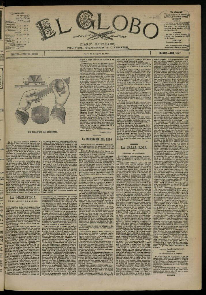 Miniatura de El Globo : diario ilustrado del 20 de agosto de 1891, nº 5767
