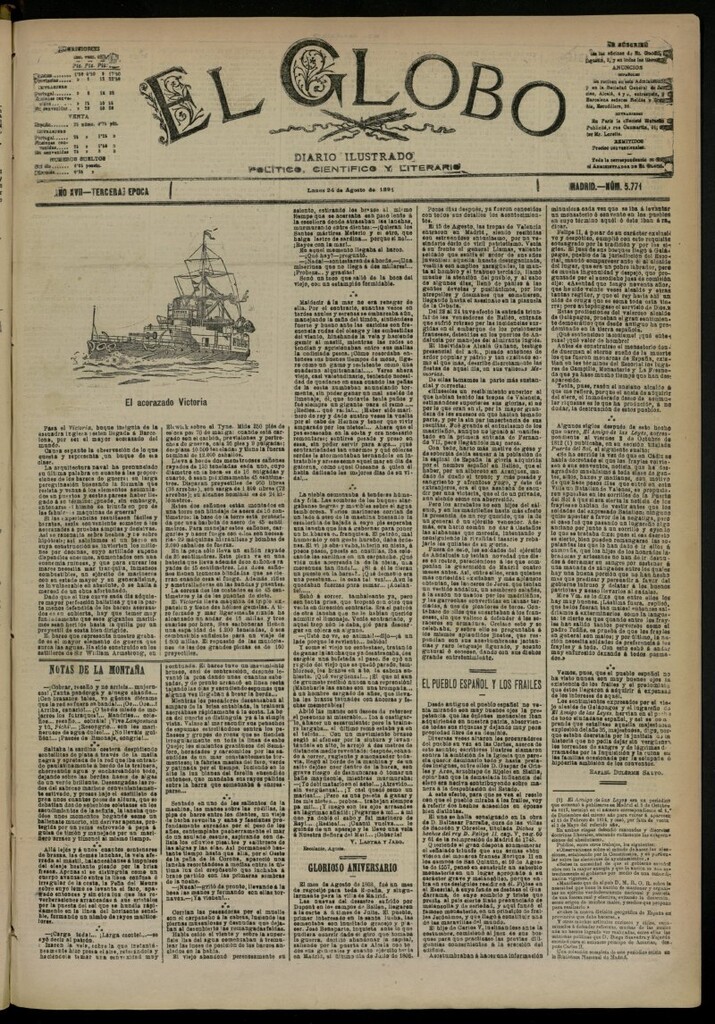 Miniatura de El Globo : diario ilustrado del 24 de agosto de 1891, nº 5771