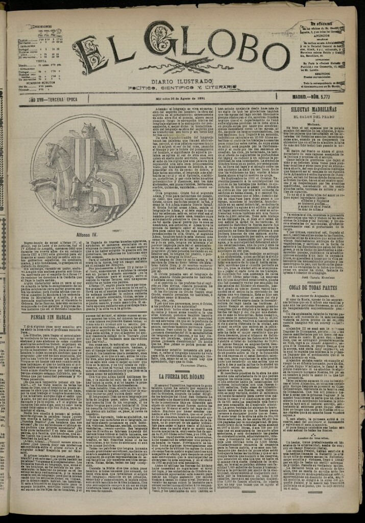 Miniatura de El Globo : diario ilustrado del 26 de agosto de 1891, nº 5773