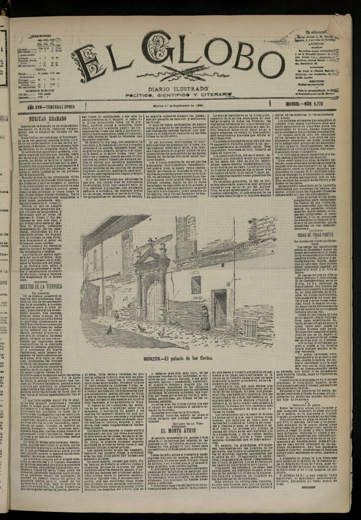 Miniatura de El Globo : diario ilustrado del 1 de septiembre de 1891, nº 5778 {sic]