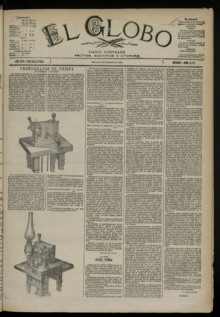 Miniatura de El Globo : diario ilustrado del 2 de septiembre de 1891, nº 5779 [sic]