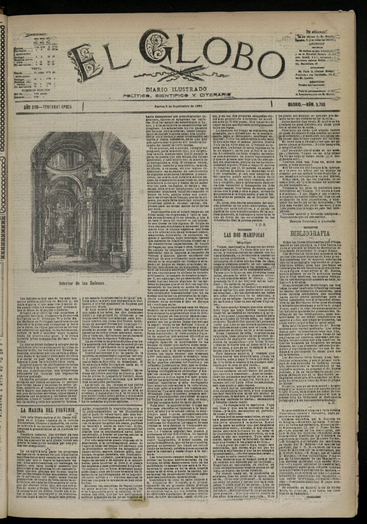 Miniatura de El Globo : diario ilustrado del 3 de septiembre de 1891, nº 5780 [sic]