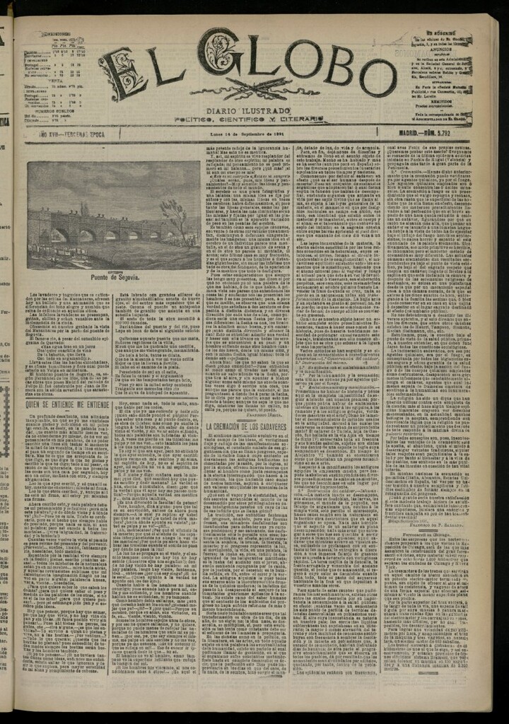 Miniatura de El Globo : diario ilustrado del 14 de septiembre de 1891, nº 5792