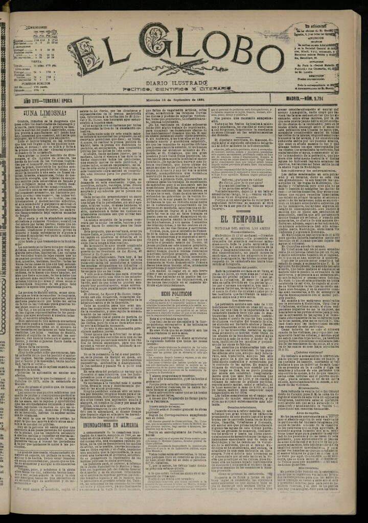 Miniatura de El Globo : diario ilustrado del 16 de septiembre de 1891, nº 5794